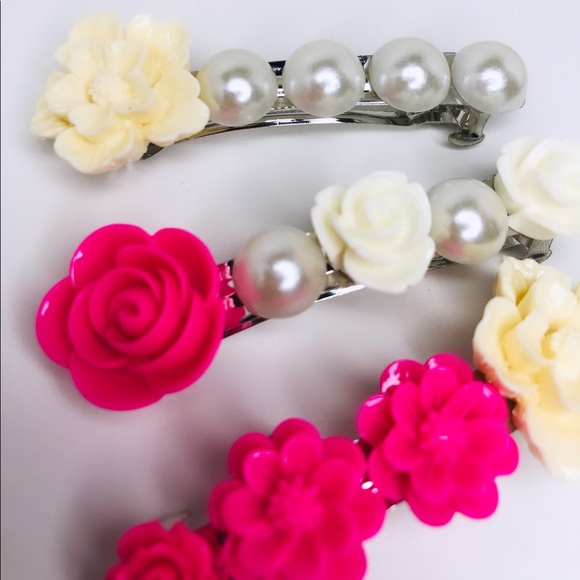 ♡ 2 for 20$ ♡Pink Pearl Flower Hair Barrette Clips - Picture 4 of 7